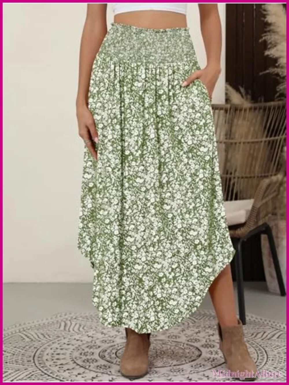 Maxi Skirt Flowy Pleated High Waisted with Pockets Boho